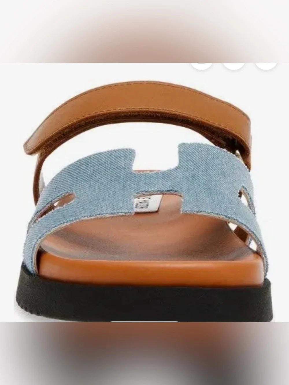 Steve Madden “Mayven” Light Blue Denim and Tan Leather Slide Sandals